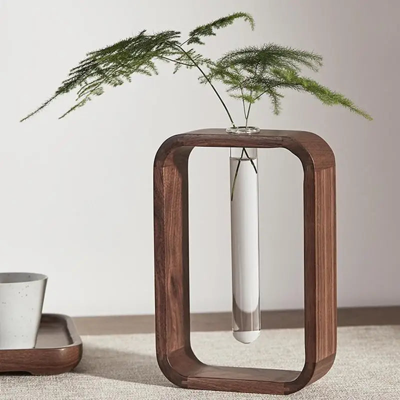 Stunning Wooden Hydroponic Vase with Transparent Glass Test Tubes - Perfect for Tabletop Plants & Home Office Decor!