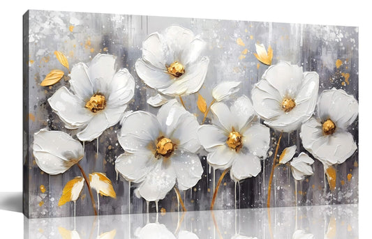 "Elegant Flower Wall Art for Bedroom - Stunning White and Gold Decor for Living Room"